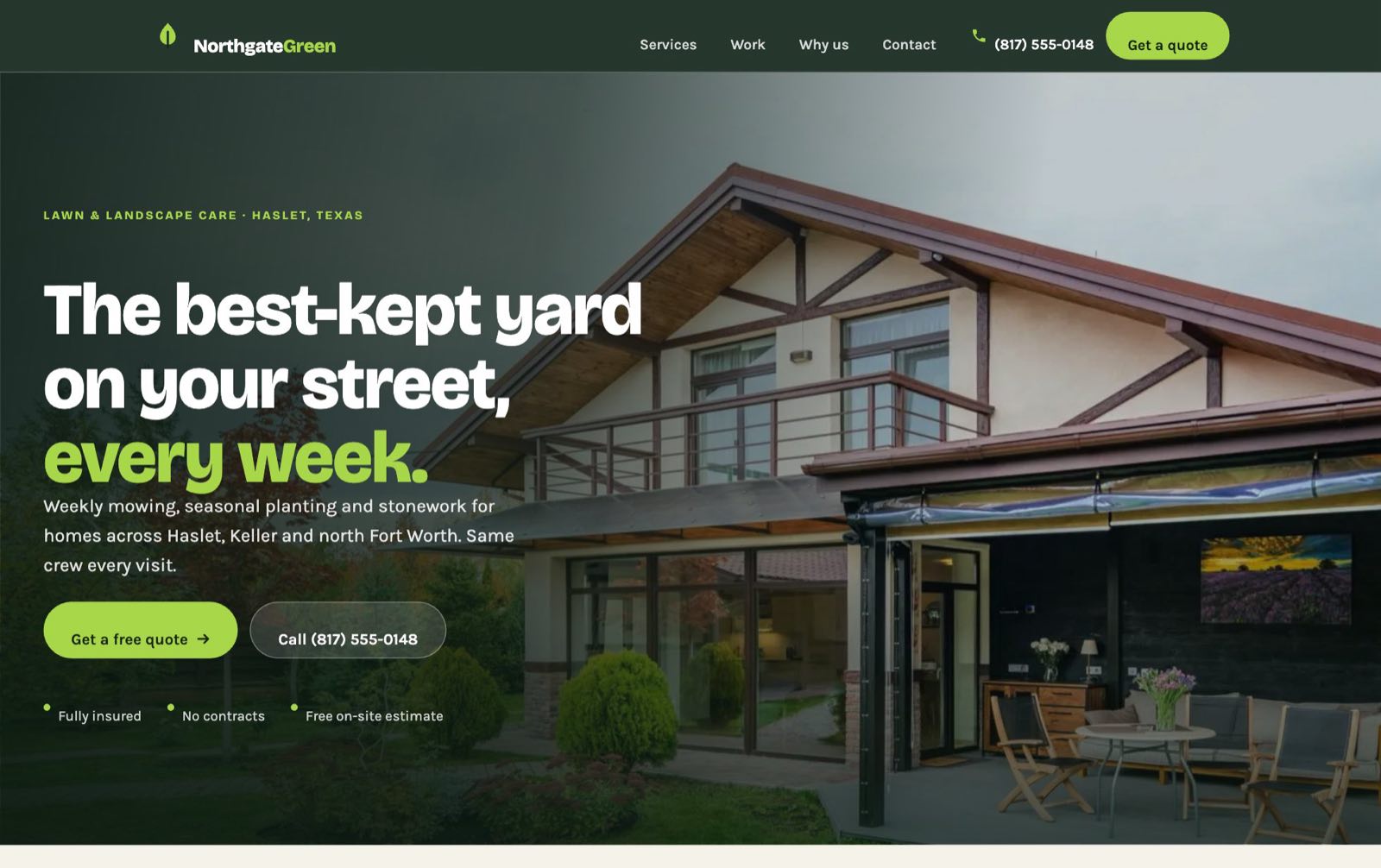 Screenshot of the Northgate Green concept site: a dark green header over a full-width photograph of a house and lawn, with the headline and two call-to-action buttons