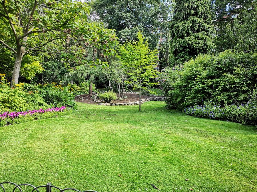 Garden borders with flowering plants, shrubs and mature trees